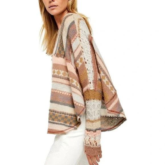 Free People December Skies Alpaca Wool Poncho Sweater Patchwork Boho Sz M Aztec - Picture 3 of 16